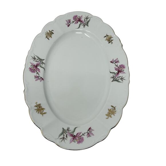 Fine Bohemian China Oval Platter Czechoslovakia 13 3/4" Vtg Pink Lily Gold Trim - Picture 1 of 8
